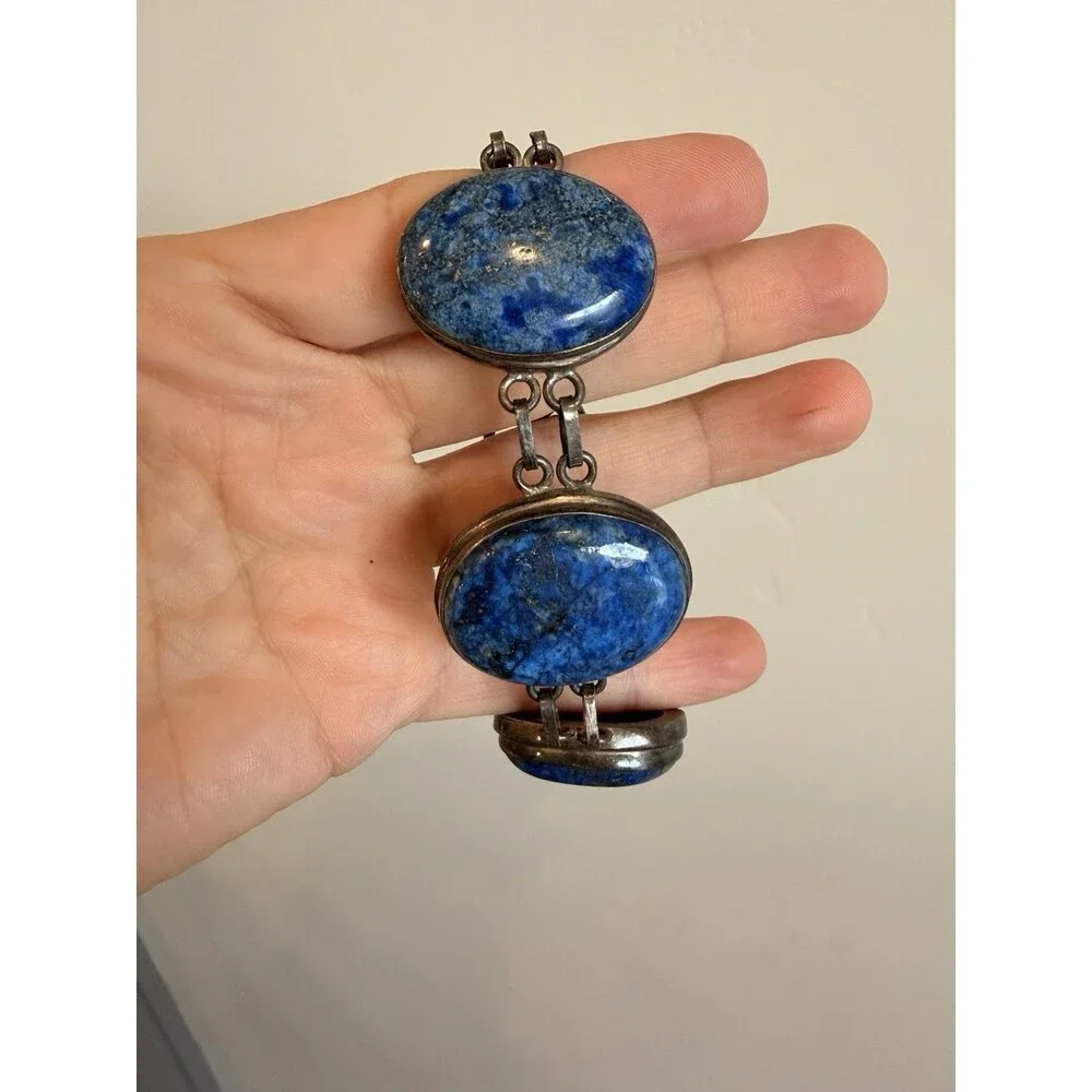 Vintage Large Lapis Lazuli Cabochon 925 Sterling Silver Bracelet Native Navajo